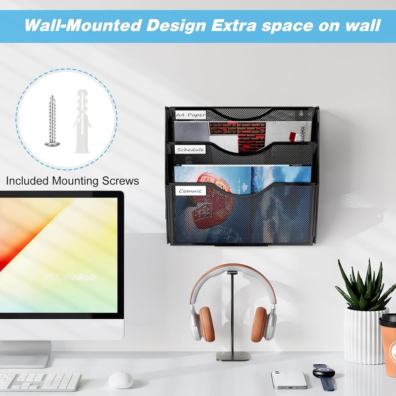 Solinxe Wall Hanging File Holder 3 Tier Wall Mounted Paper Organizer Magazine File Holder Storage Organizer, Black - Image 5